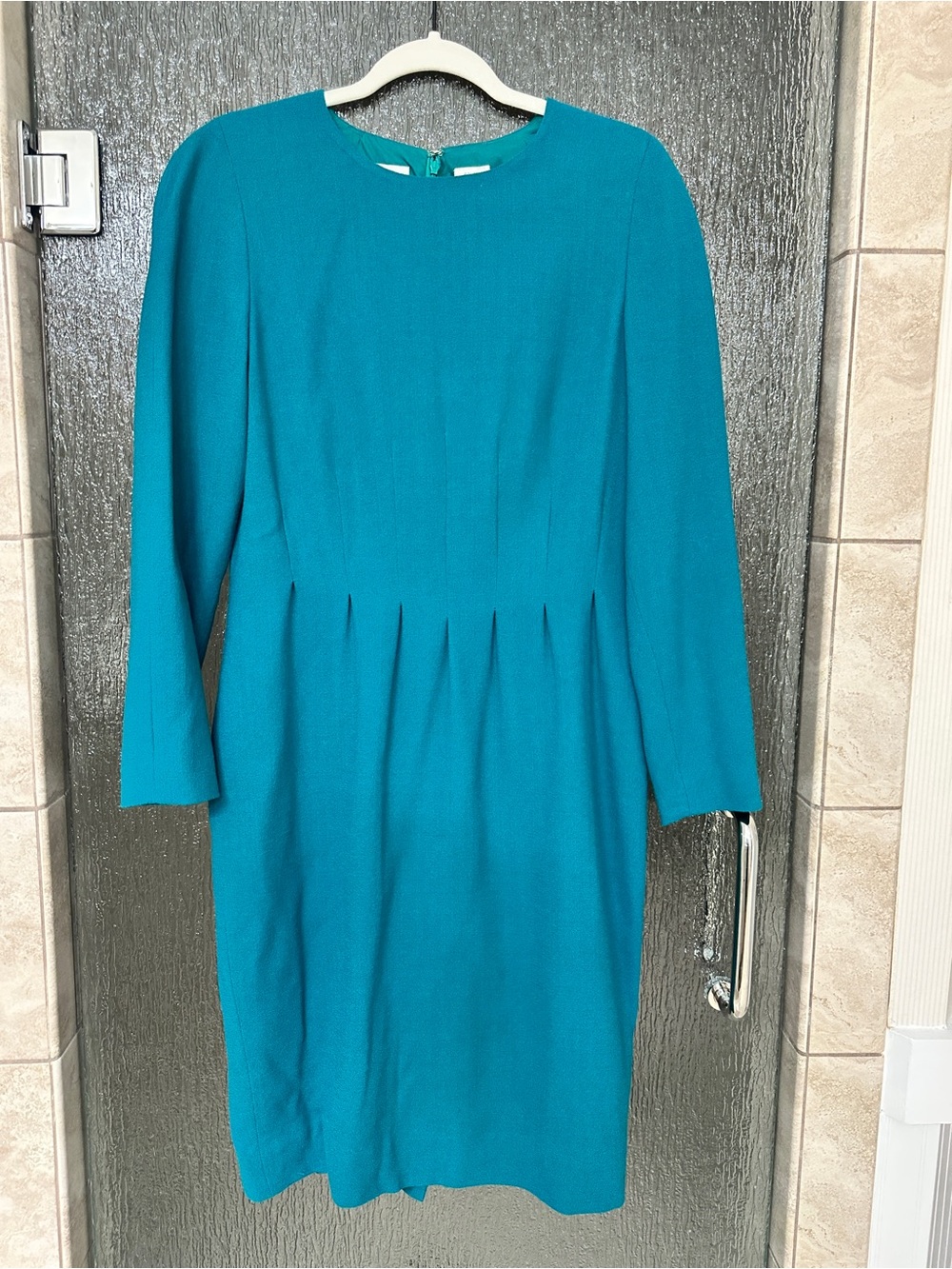 Vintage Liz Claiborne Teal 100% Wool Long-Sleeve Pleated Waist Dress